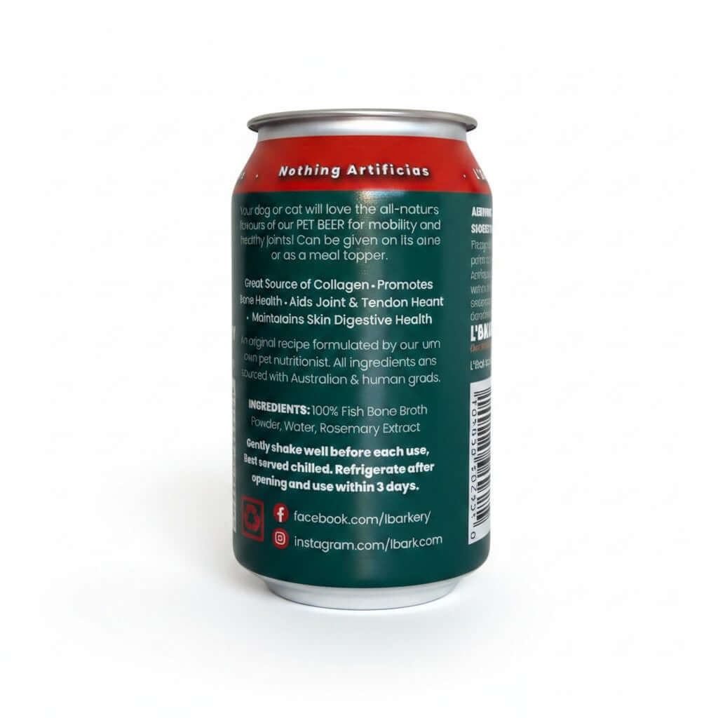 The back of a canned pet supplement, showing the dark green label with white text and a red top band, on a white background.