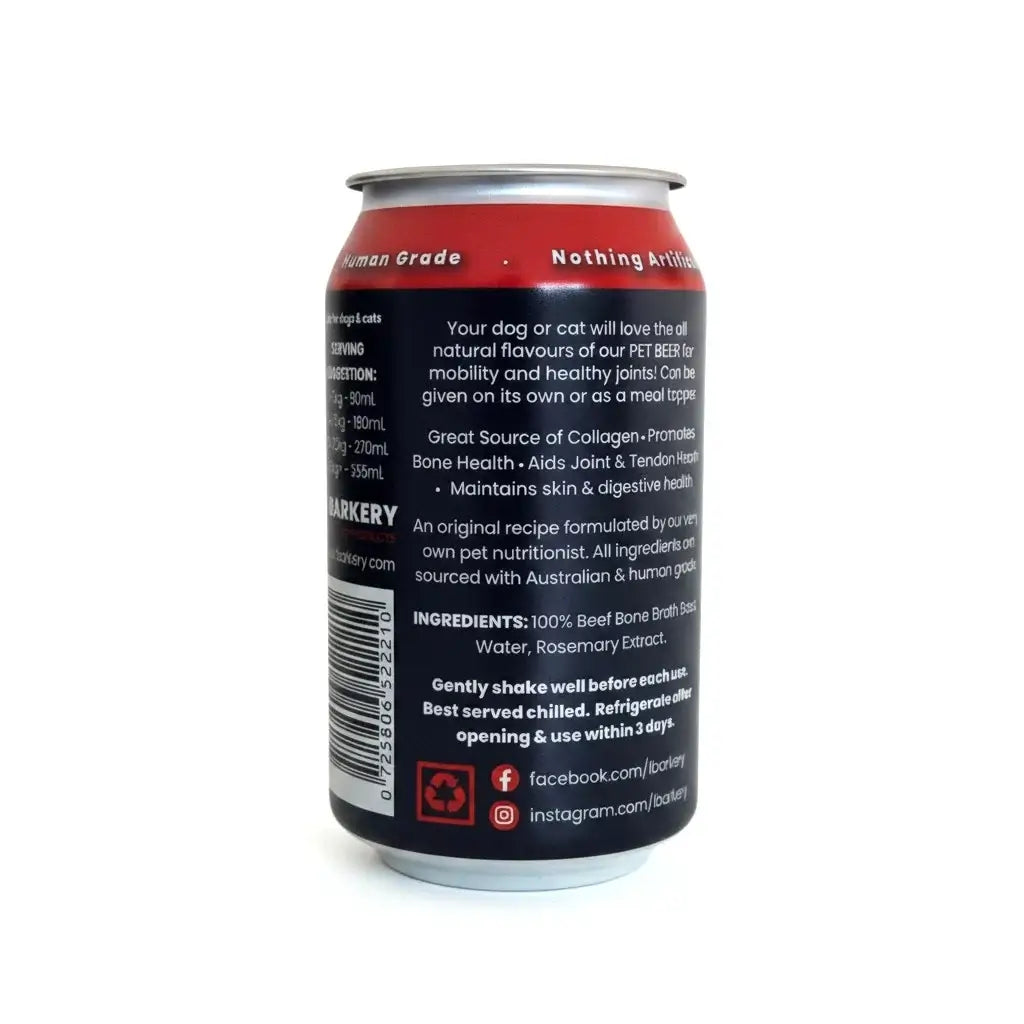 The back of a can of Human Grade Joint & Tendon Support supplement for dogs and cats, showing the detailed product information, ingredients, and social media details on a white background.
