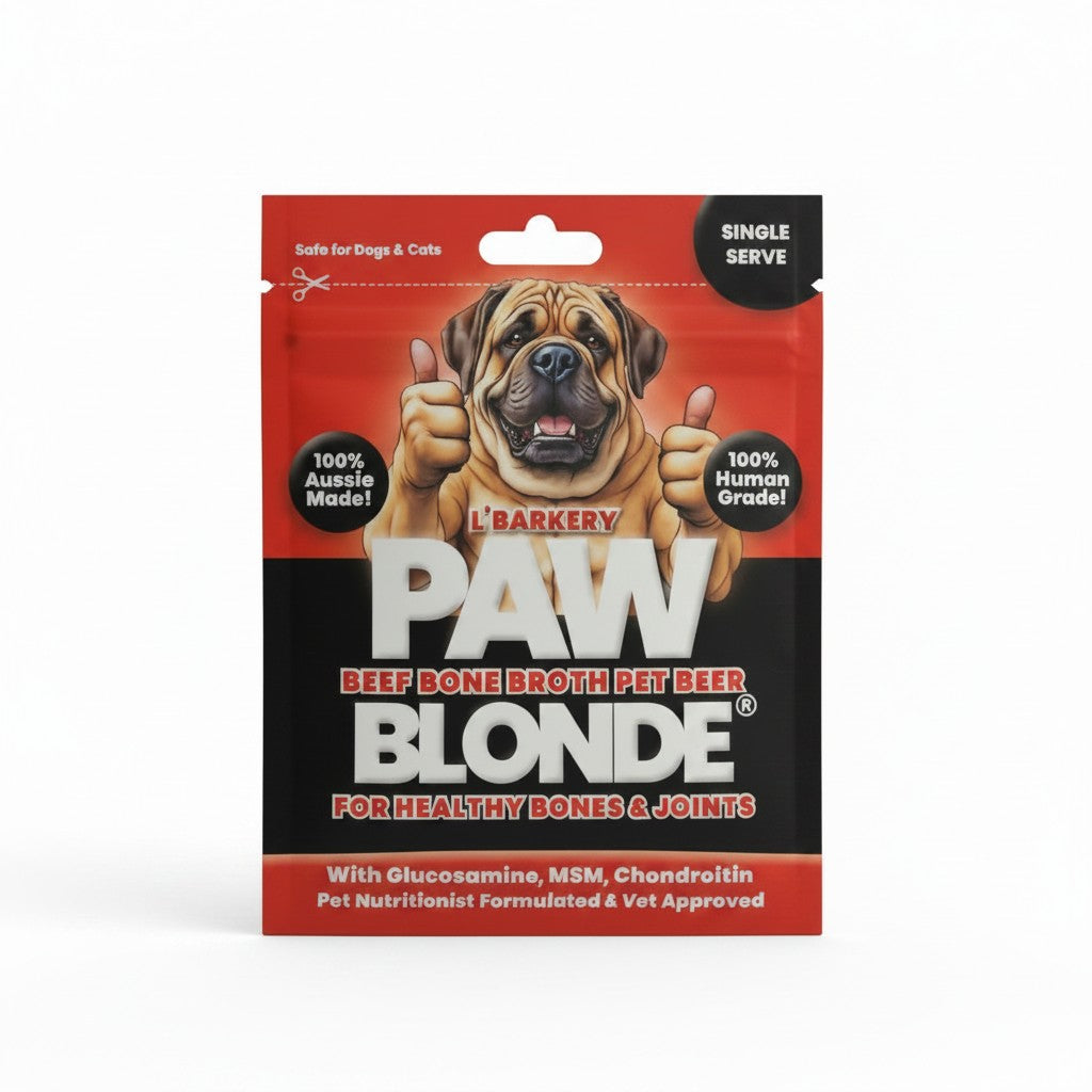 L-Barkery Paw Blonde pet supplement package with a dog on the label.