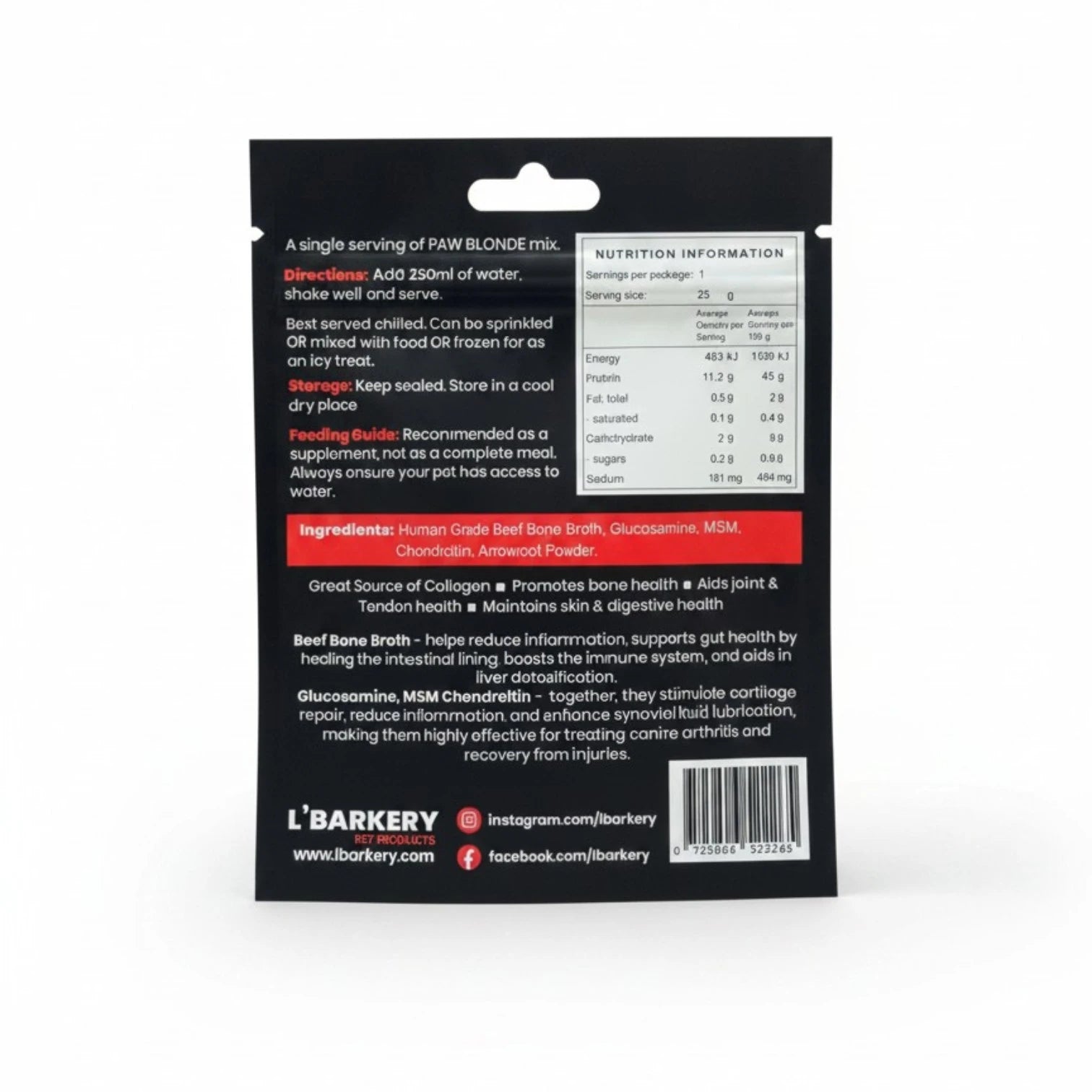 Back of Paw Blonde Pet Beer package with nutritional information and ingredients for a pet joint healt on a white background