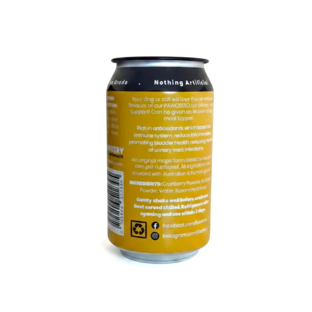 A single can of Pawsecco for Urinary healthsupplement shown from the back, featuring a mustard yellow label with black text and a dark gray top rim, on a plain white background.