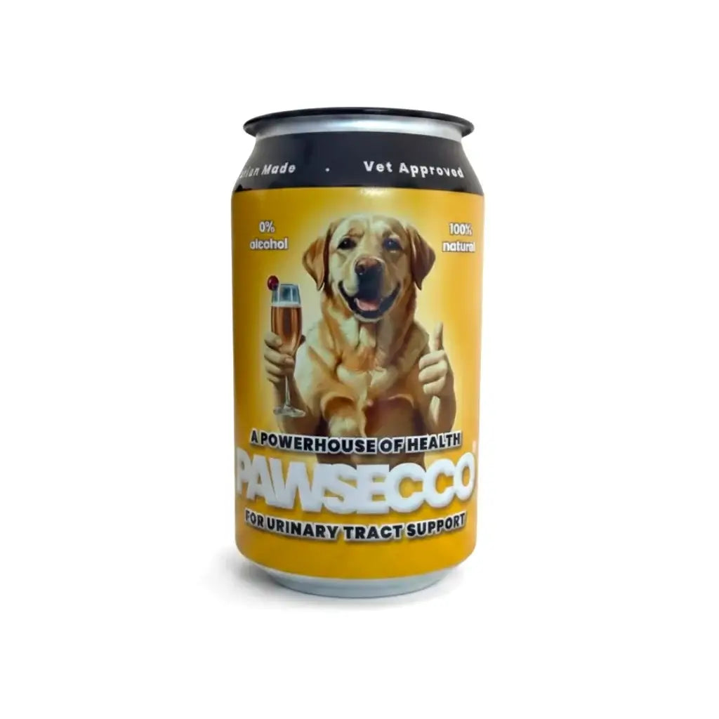 A yellow can of Pawsecco dog & cat urinary tract supplement with a graphic of a golden retriever holding a glass of wine and giving a thumbs-up, on a white background.