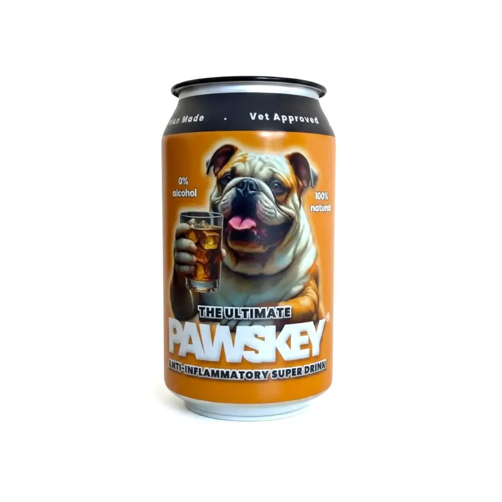 A 330ml aluminum can of 'The Ultimate Pawskey' multi-inflammatory super drink, featuring a bright orange label with a graphic of a bulldog holding a glass of amber liquid.