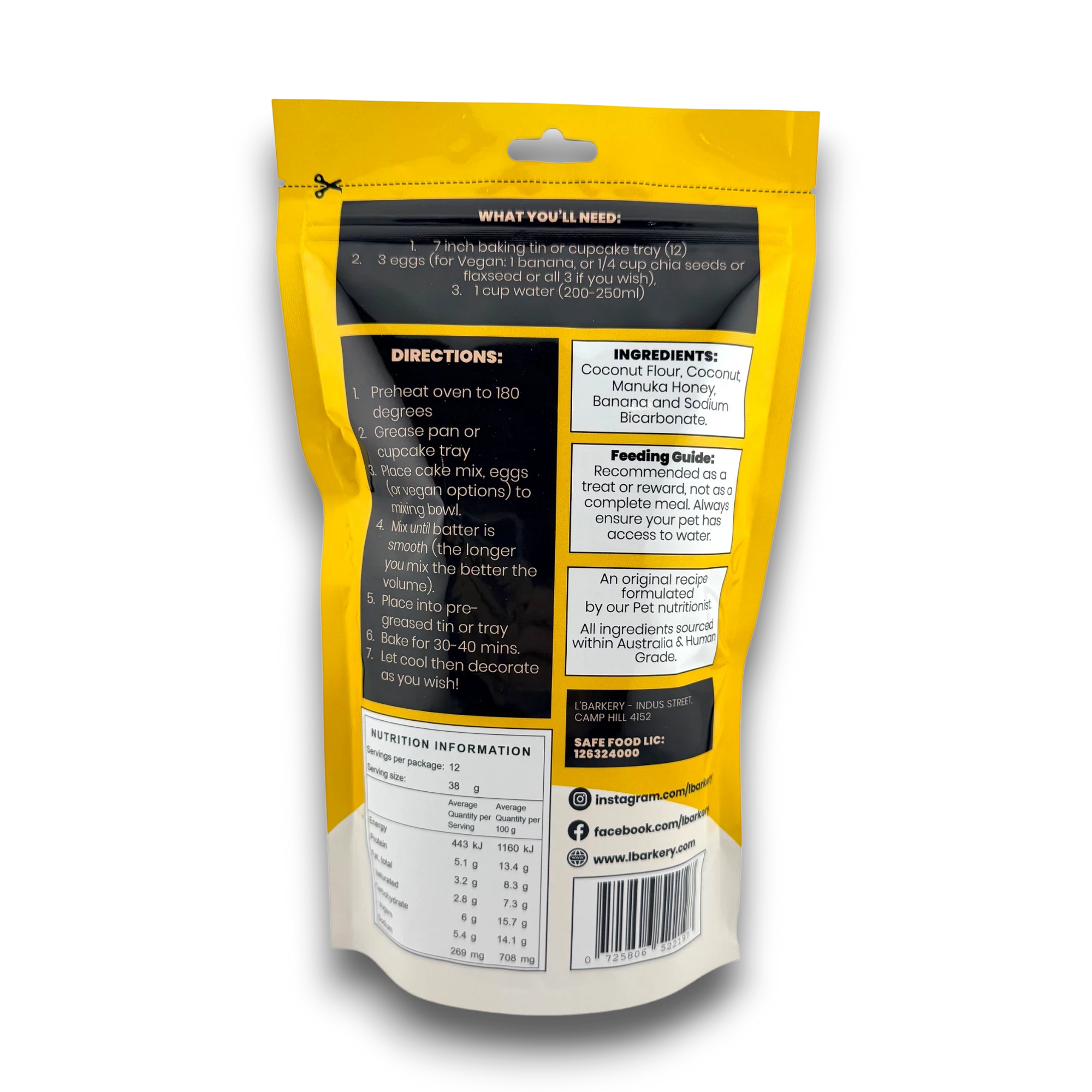 Back of L'Barkery Pet Products banana bread mix pouch showing ingredients, baking instructions, and nutrition facts.