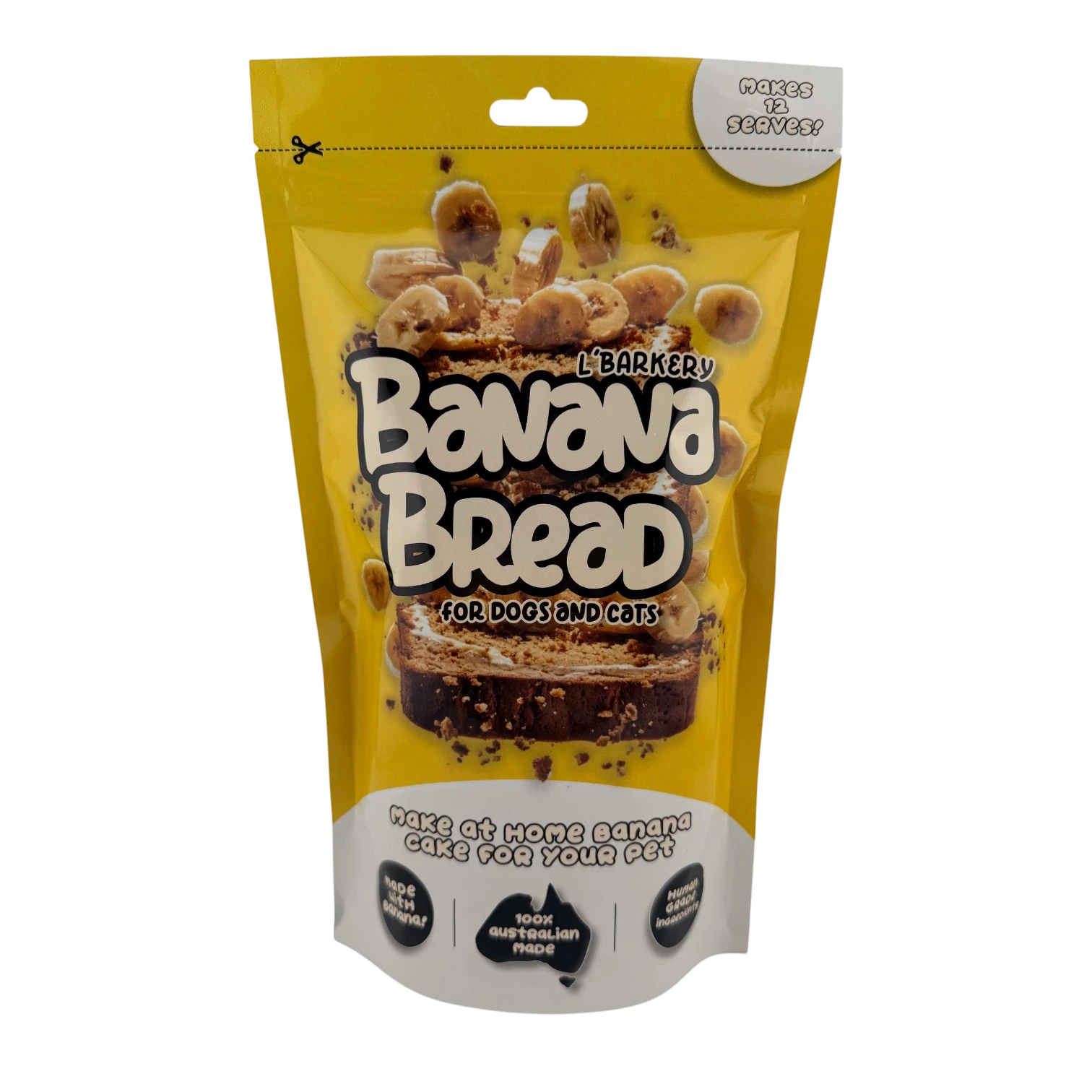 L'Barkery Pet Products banana bread mix pouch for dogs and cats with yellow packaging and banana illustrations.