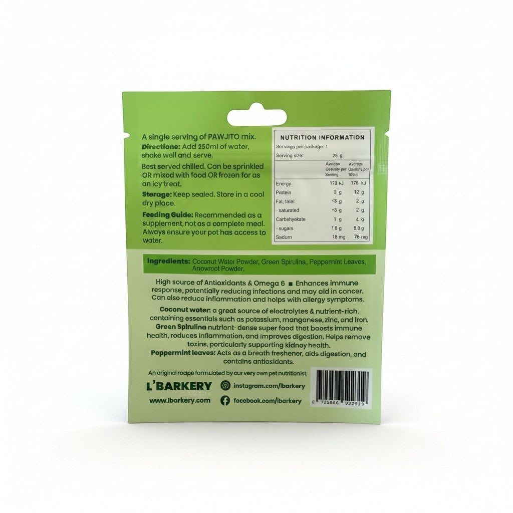 Back of L'Barkery Pet Products PAWJITO Pawtail rehydration drink sachet showing nutrition facts and ingredients.