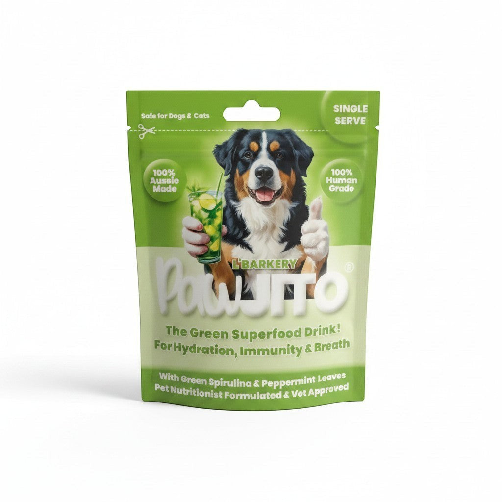 L'Barkery Pet Products PAWJITO green superfood rehydration drink pouch for dogs and cats with spirulina and peppermint